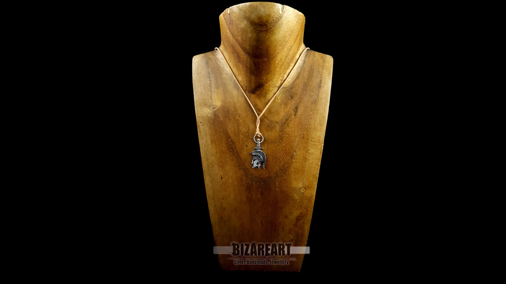Layered Sterling Silver Spartan Helmet Pendant, Hand-Carved Warrior Sword Pendant