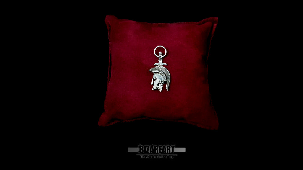 Hand-carved sterling silver Spartan helmet pendant with sword detail