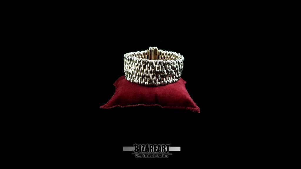Handmade 925 Sterling Silver Sculptural Mesh Cuff - 82.7g Triple Row