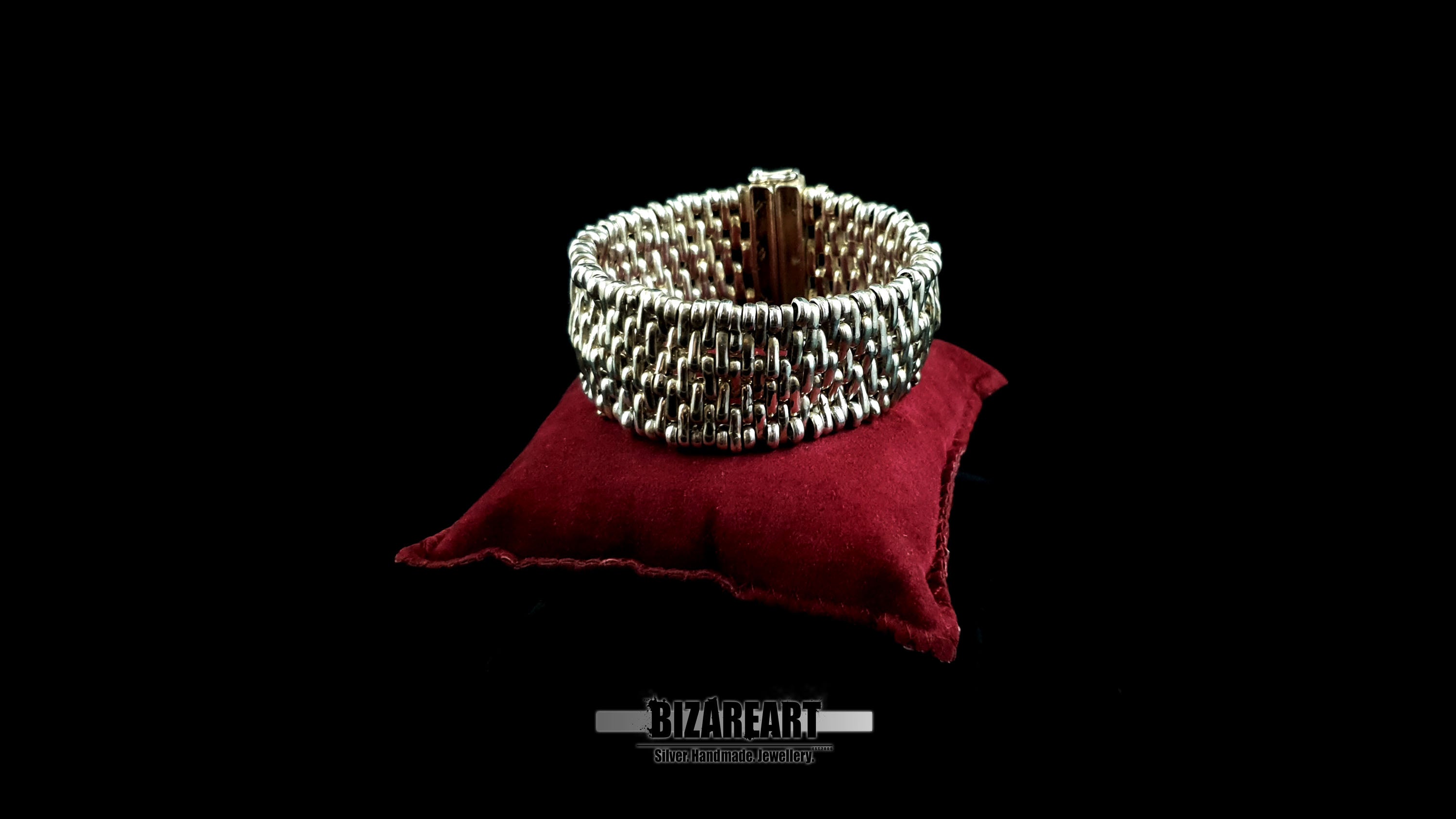 Handmade 925 Sterling Silver Sculptural Mesh Cuff - 82.7g Triple Row