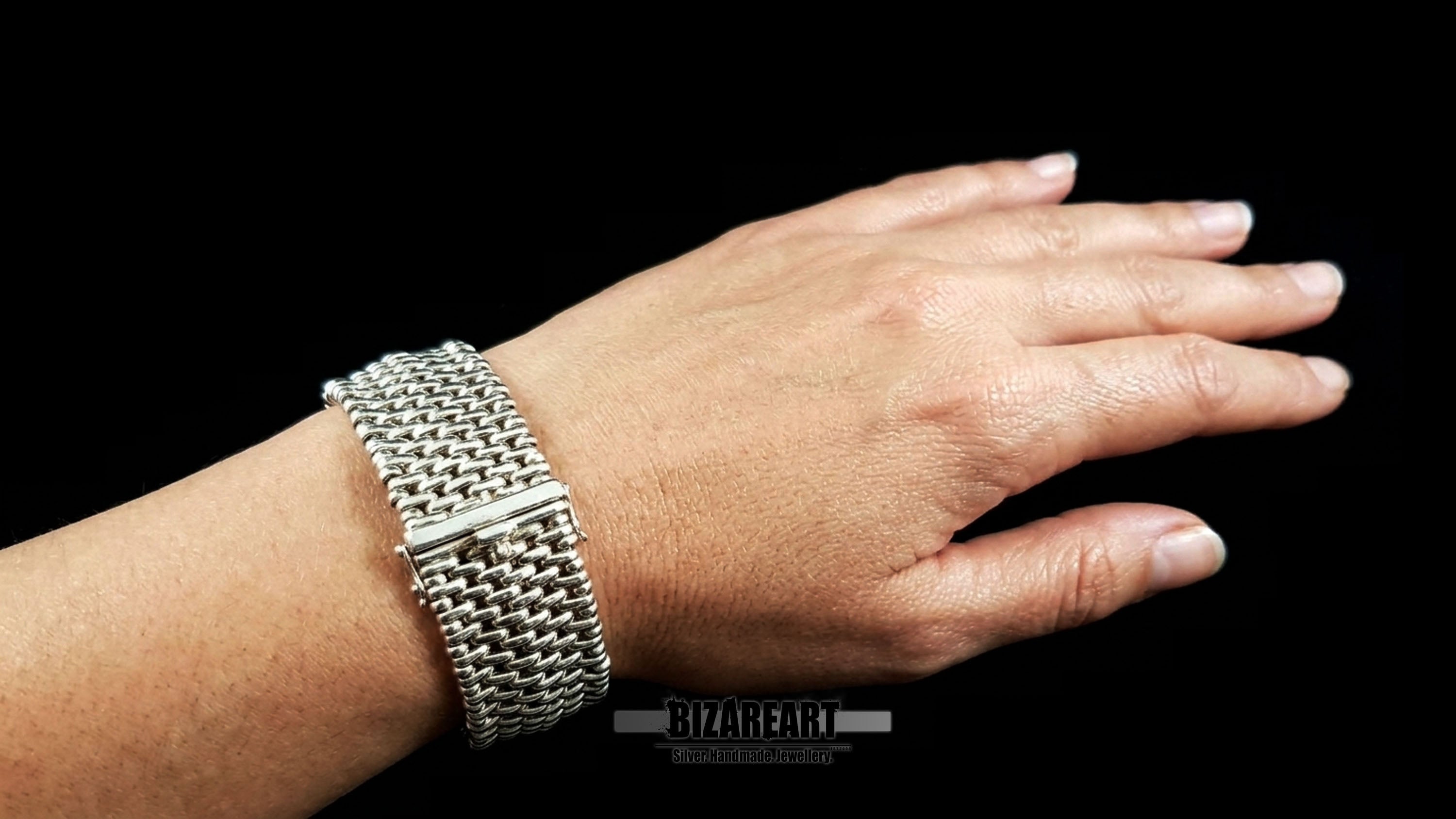 Handmade 925 Sterling Silver Sculptural Mesh Cuff - 82.7g Triple Row