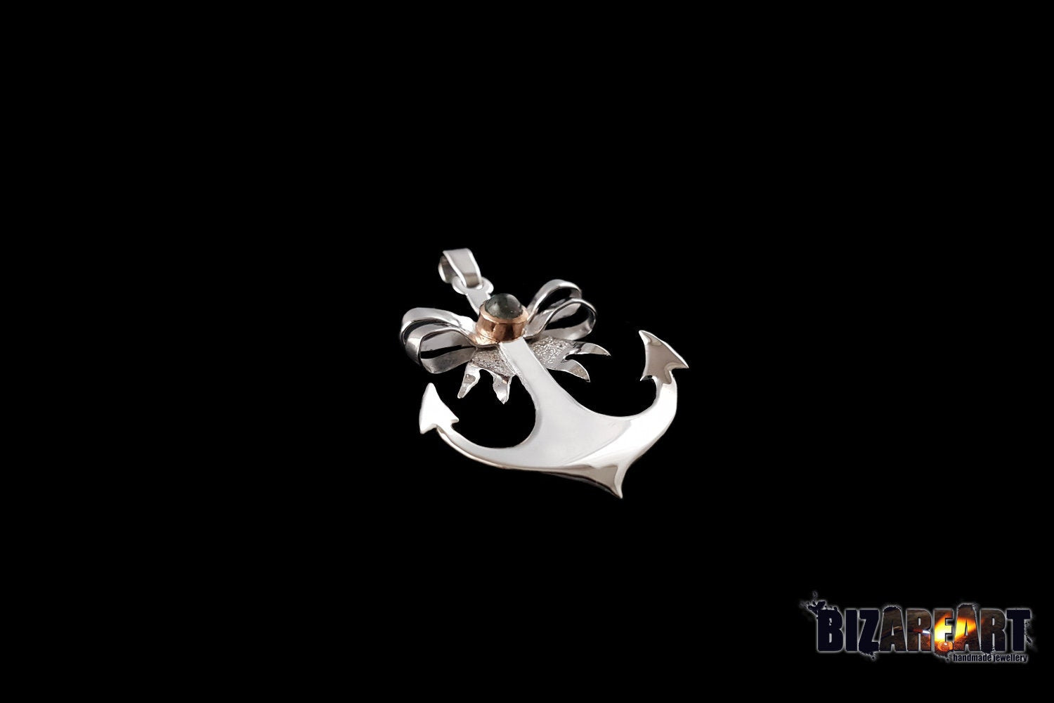 A slightly angled shot of the anchor pendant, showcasing the realistic 3D curving of the crown and the reflective quality of the polished silver.