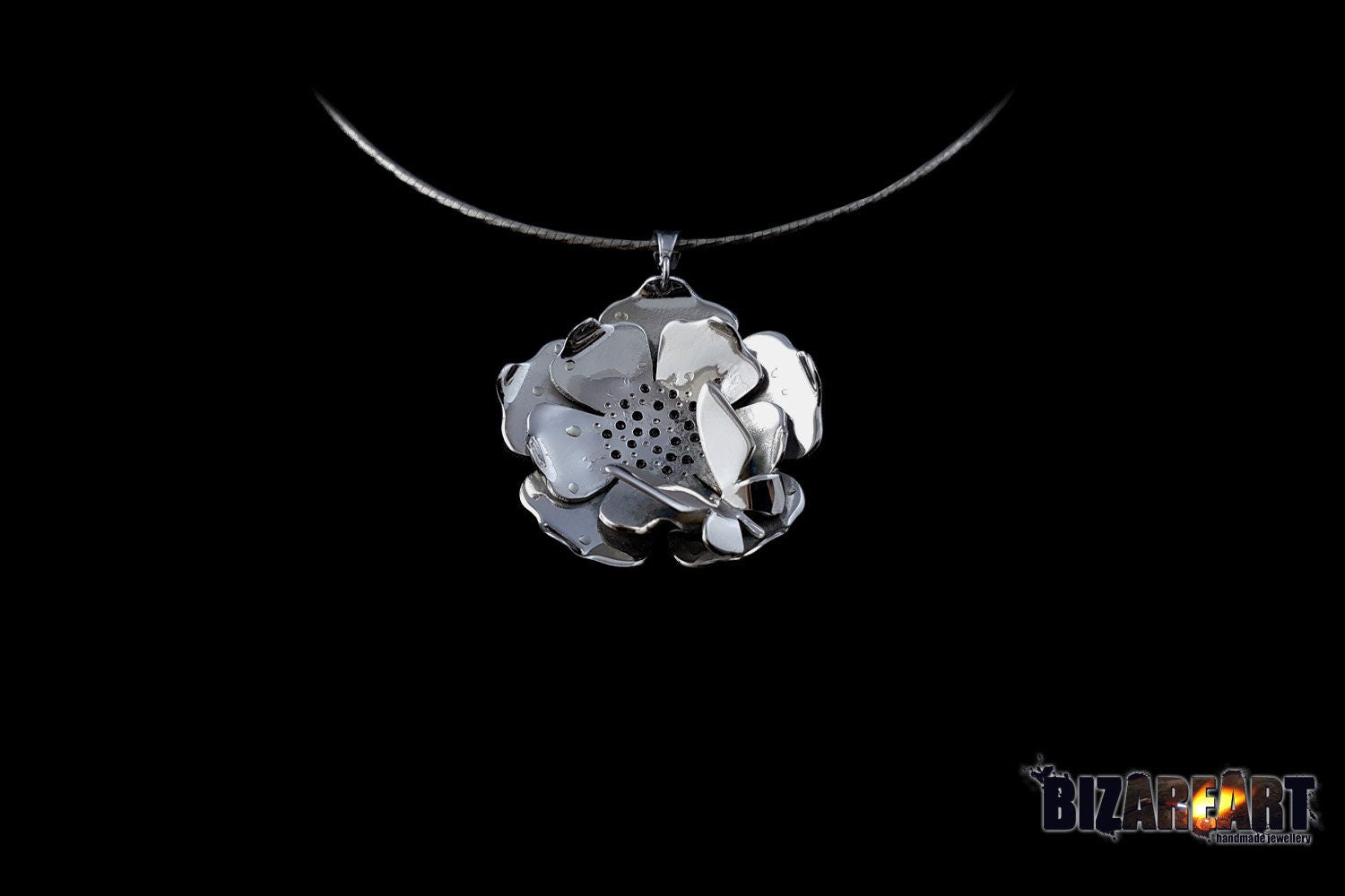 BizarArt Lotus Water Lily sterling silver statement necklace with butterfly and liquid glass details on a black background.