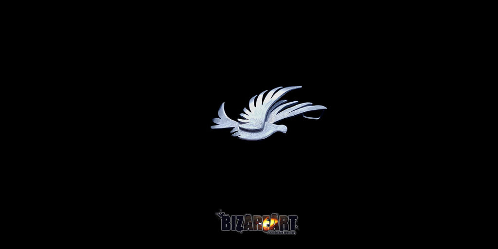 An angled shot of the pendant emphasizing the fluid, curved lines that create the appearance of a bird in mid-flight.