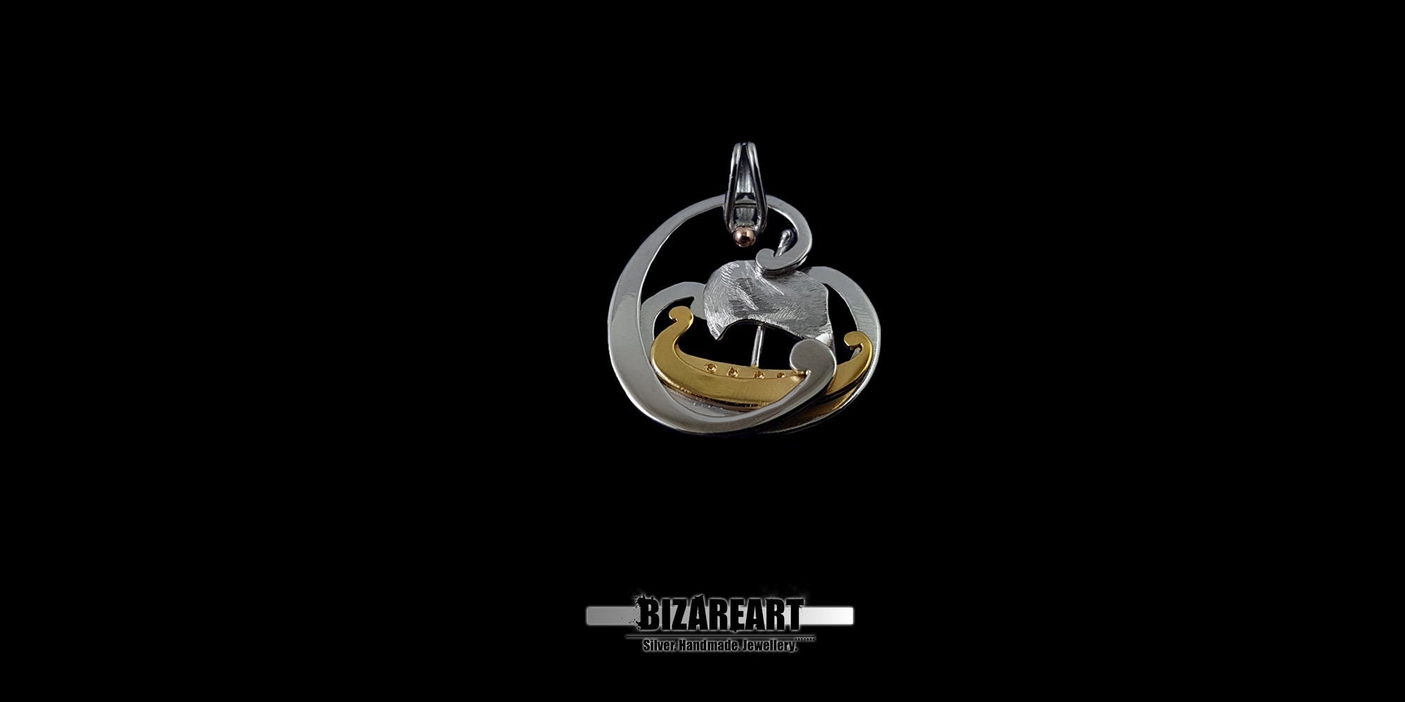 A high-contrast studio photograph of the Tiny Boat Pendant featuring a layered 3D sterling silver design with gold and rose gold accents against a solid black background.
