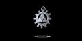 Front close-up view of a silver Triforce pendant with a gear-shaped border against a solid black background, showcasing the textured 3D layers and integrated top loop.