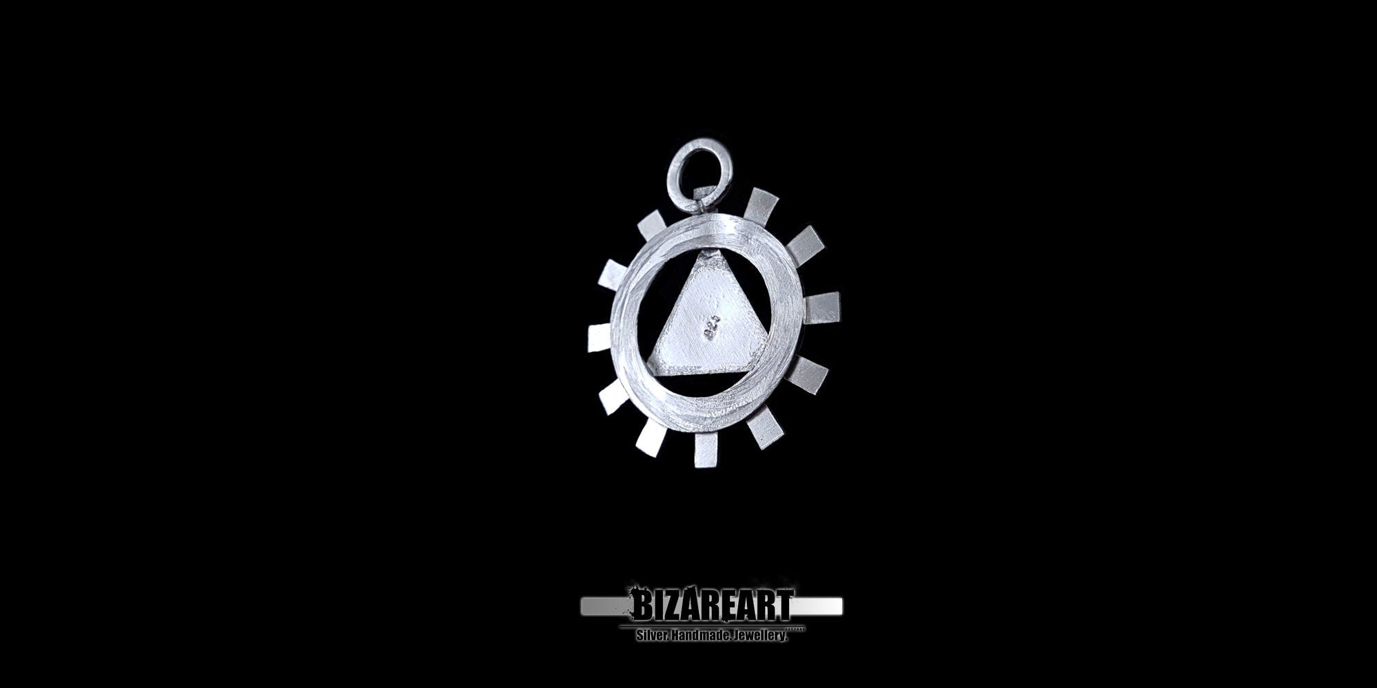 Centered studio shot of the sterling silver Triforce gear pendant, emphasizing its symmetrical design and reflective rhodium finish.