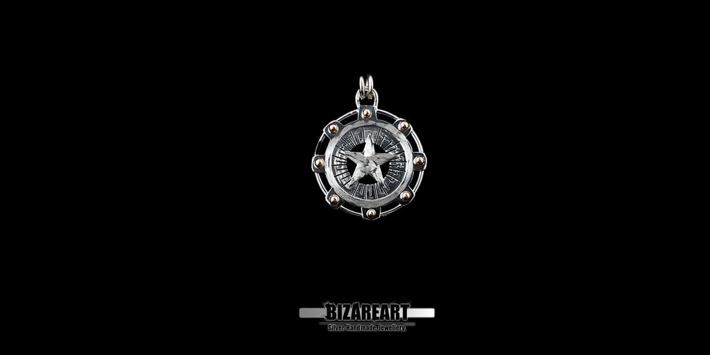 An intricate artifact for modern mystics. This substantial silver relic pendant, featuring a centered pentagram within a celestial gear mechanism and gilded accents, is handcrafted for a tactile, dense feel—a definitive anchor for your collection.