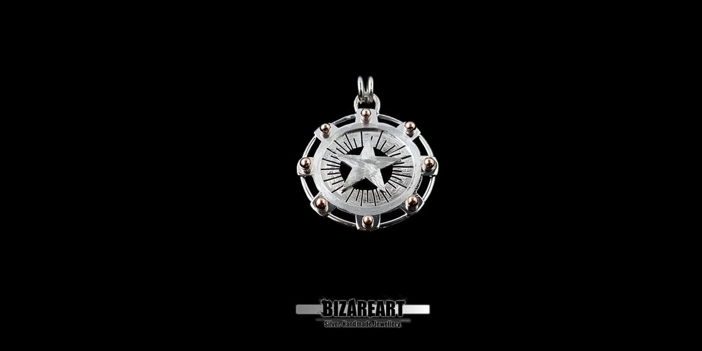 top down view of this substantial silver relic pendant, featuring a centered pentagram within a celestial gear mechanism and gilded accents, is handcrafted for a tactile, dense feel—a definitive anchor for your collection.