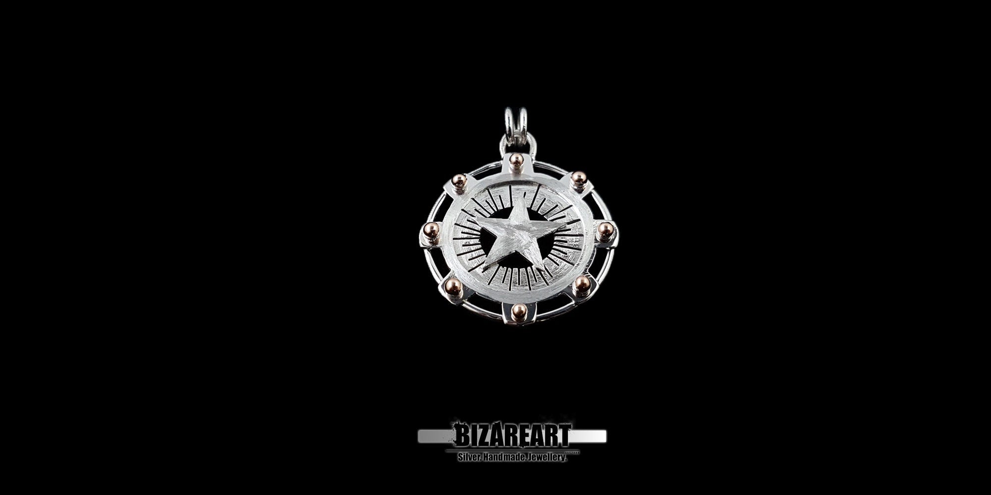 top down view of this substantial silver relic pendant, featuring a centered pentagram within a celestial gear mechanism and gilded accents, is handcrafted for a tactile, dense feel—a definitive anchor for your collection.