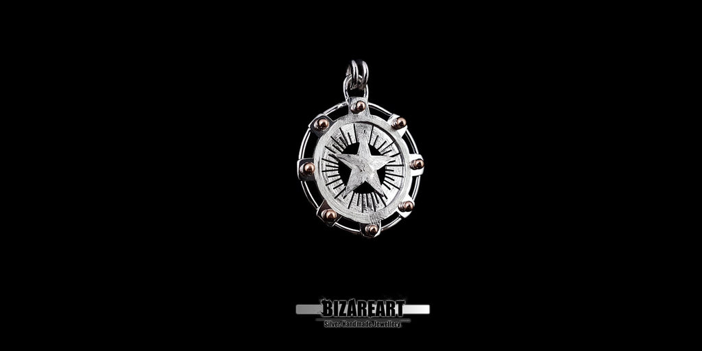 Side view of this substantial silver relic pendant, featuring a centered pentagram within a celestial gear mechanism and gilded accents, is handcrafted for a tactile, dense feel—a definitive anchor for your collection.