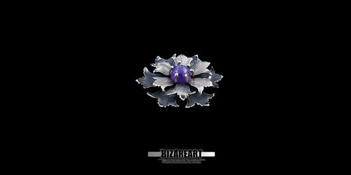 Wide studio shot of a layered sterling silver floral pendant with detailed textured petals and a central purple gemstone against a black background.