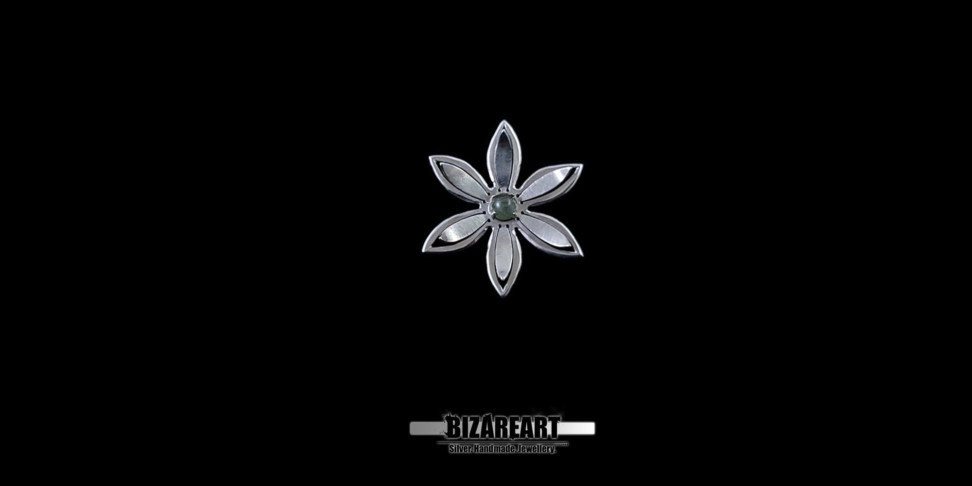 A series of product photography shots showing the silver flower pendant from various angles on a black background, highlighting the metallic sheen and the depth of the central gemstone.