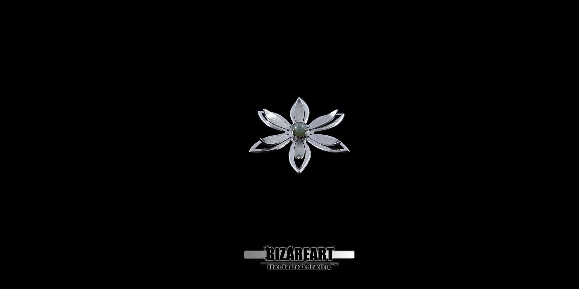 A series of product photography shots showing the silver flower pendant from various angles on a black background, highlighting the metallic sheen and the depth of the central gemstone.