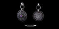 Two views of the Bromo Charm pendant side-by-side, showcasing the textured silver face with a purple amethyst gemstone and the rustic, oxidized reverse side.