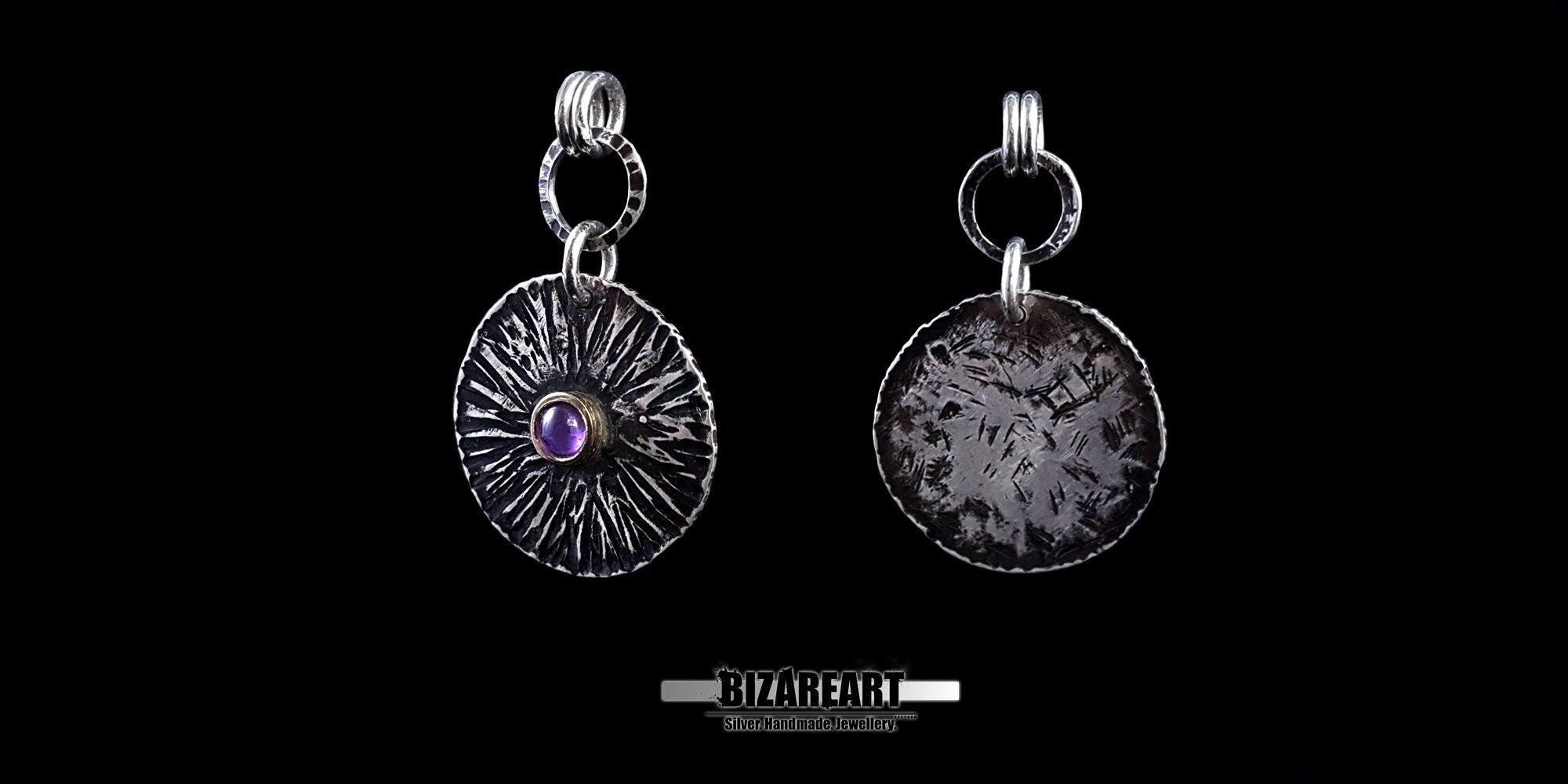 Two views of the Bromo Charm pendant side-by-side, showcasing the textured silver face with a purple amethyst gemstone and the rustic, oxidized reverse side.