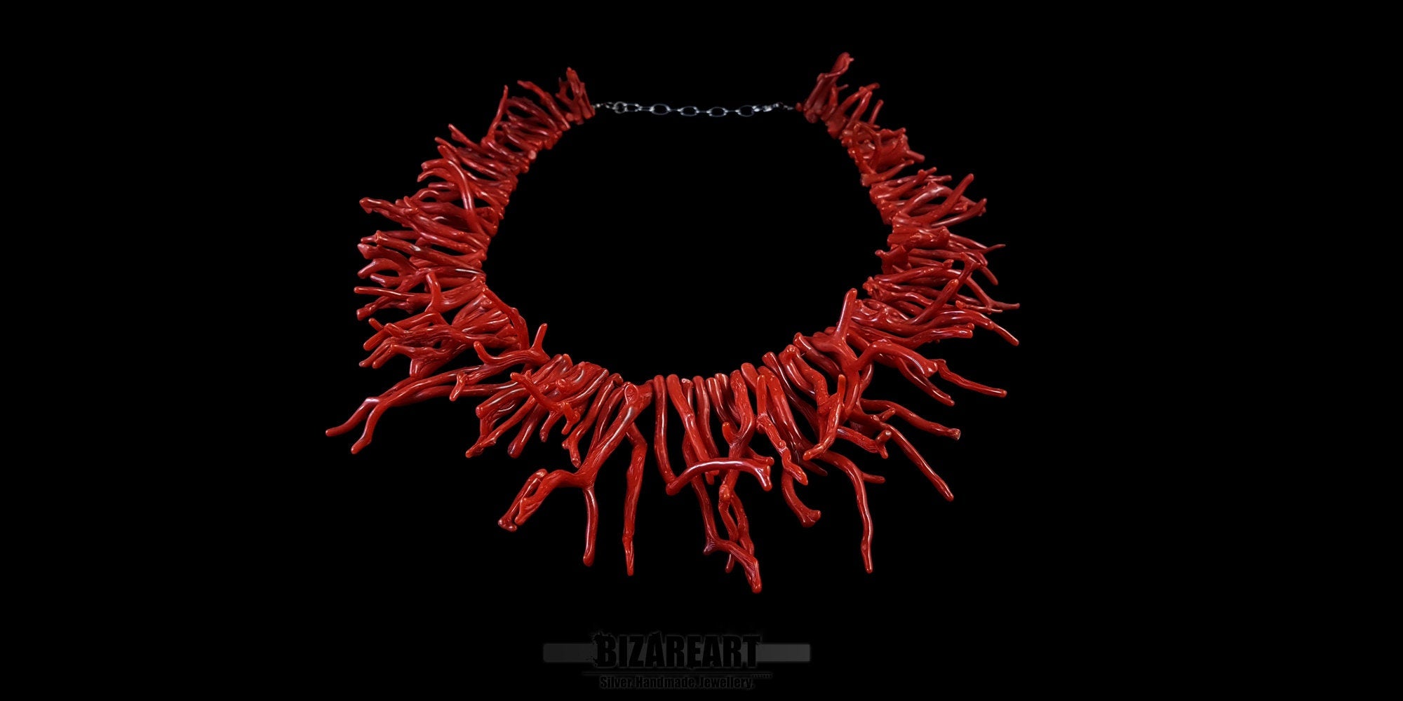 Full view of the vibrant crimson natural coral statement necklace highlighting the dense branch layout