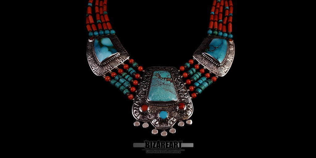 Side angle view of the contemporary Himalayan necklace showing the ergonomic curve of the multi-strand beadwork and the secure silver clasp layout.