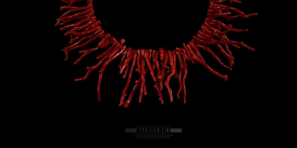 Close-up detail of the vibrant, unblemished red coral branches showing the natural texture and premium quality of the handmade necklace.

Third Image (On the mannequin stand)