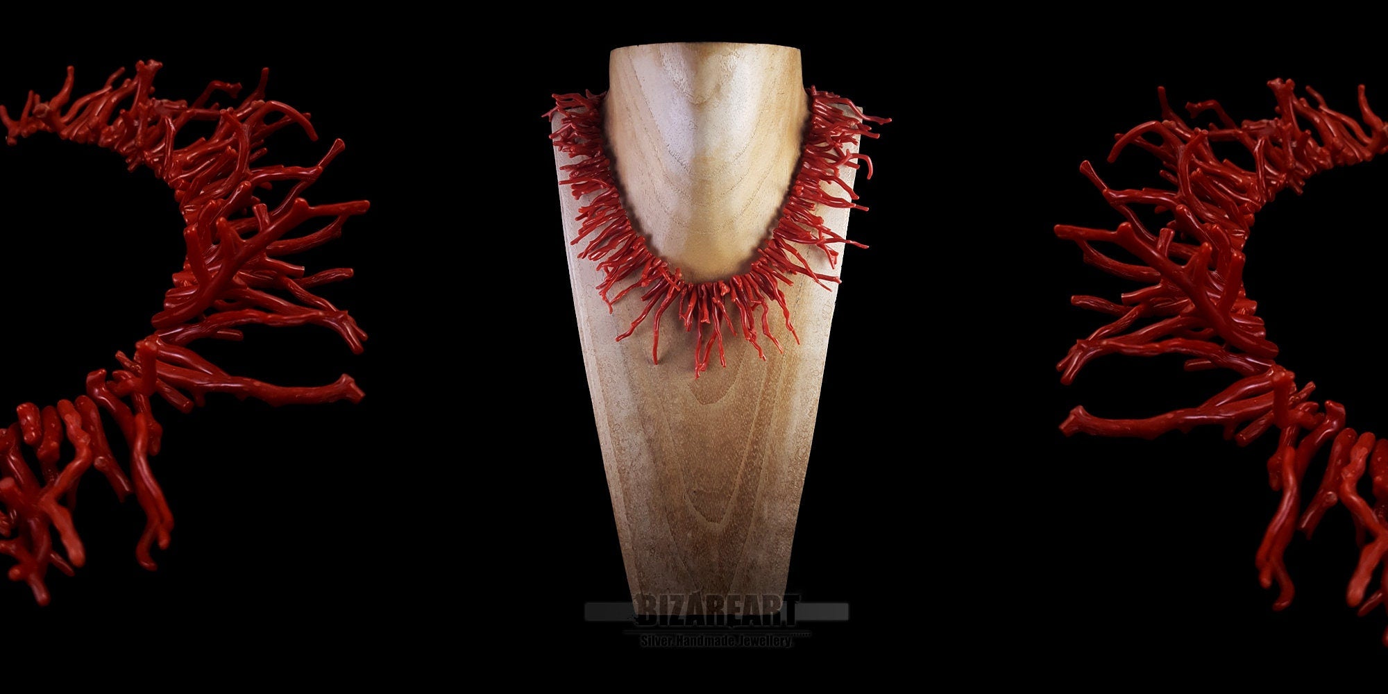 Three-panel product view displaying the red coral branch necklace on a mannequin stand flanked by close-ups of its intricate branch details.