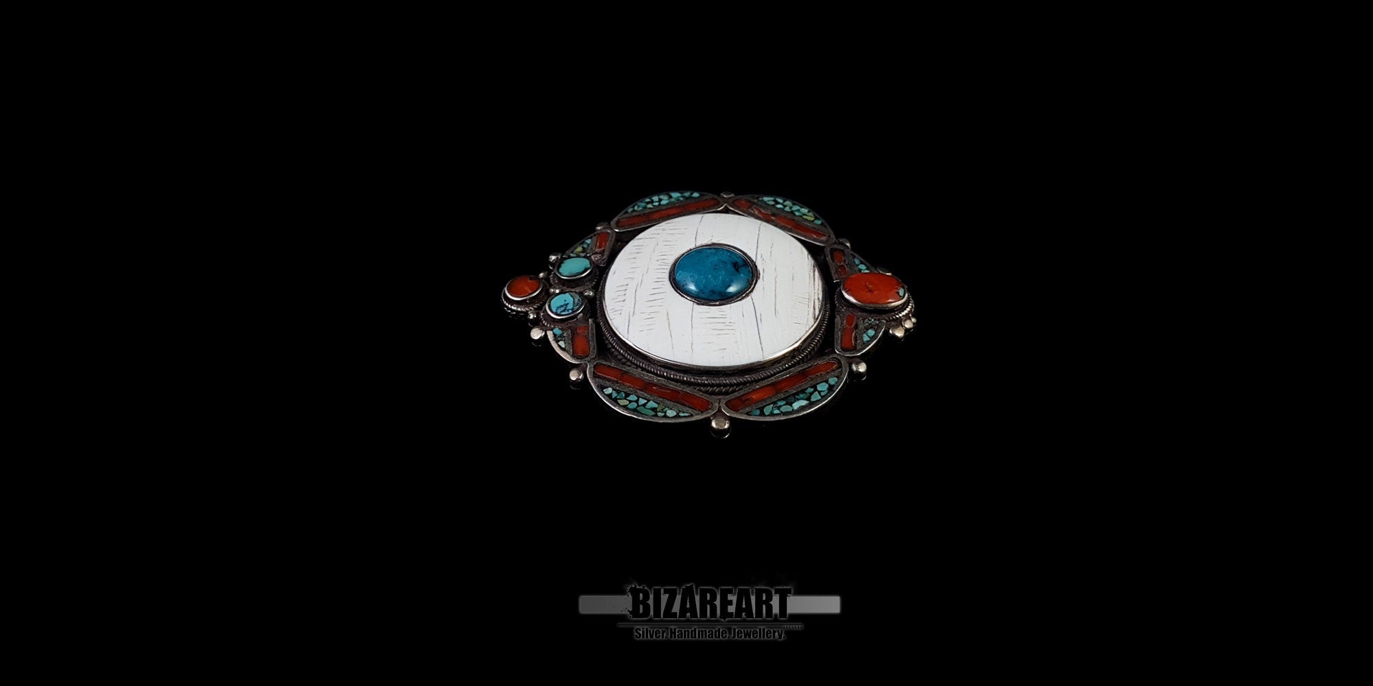 Wide shot of the authentic vintage Himalayan conch and turquoise collector’s jewelry piece.