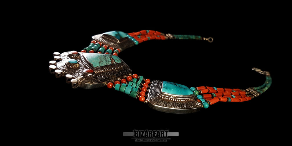 Detailed macro view of the five-strand turquoise bead structure separated by delicate brass spacers and flanking silver elements.
