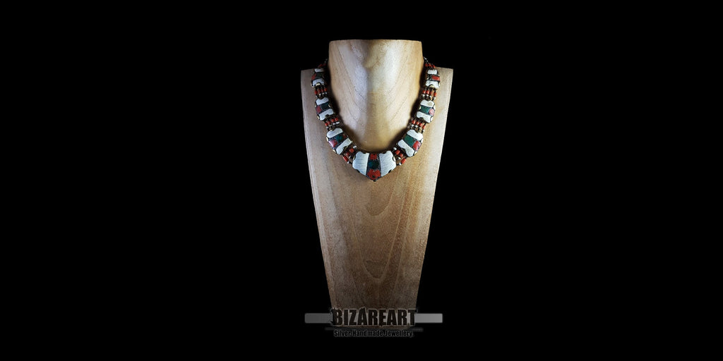 Front view of the vintage Nepalese necklace displayed on a wooden neck bust, showcasing its scale, fit, and how it drapes when worn.
