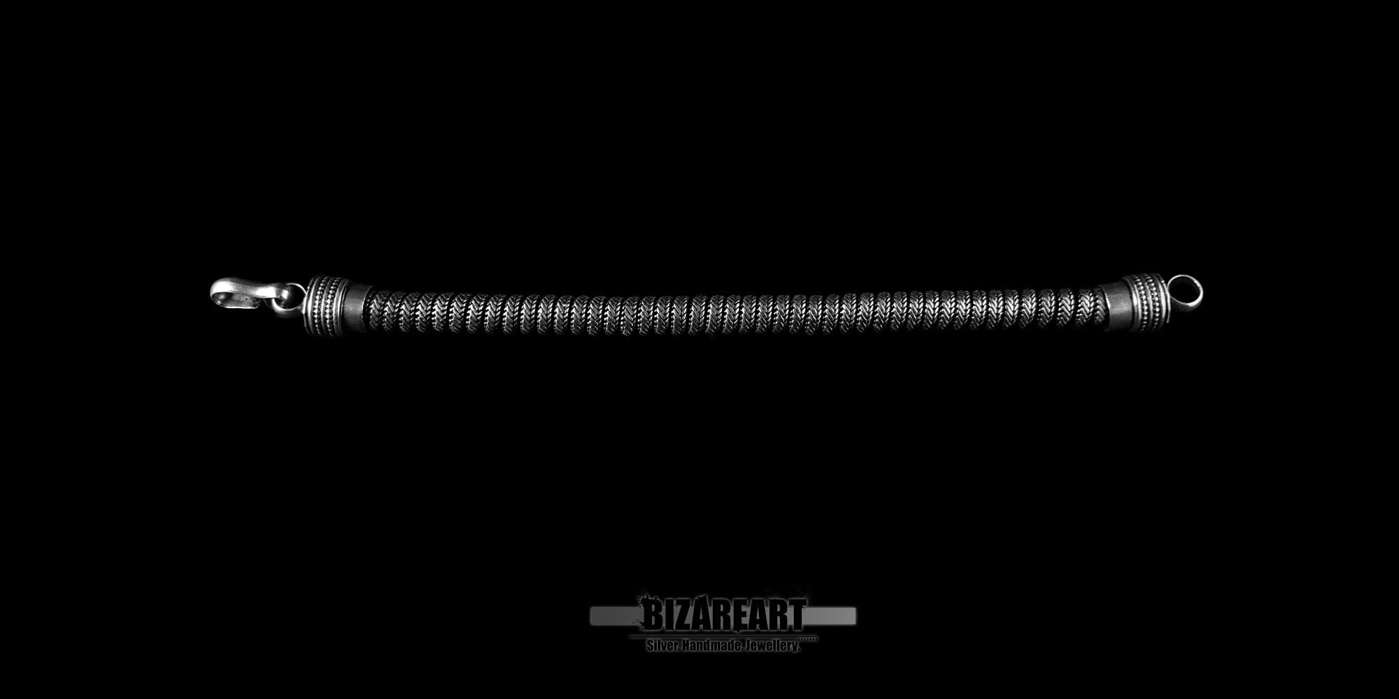 The bracelet laid out horizontally in a straight line, displaying its 20cm length and uniform wide snake link construction.