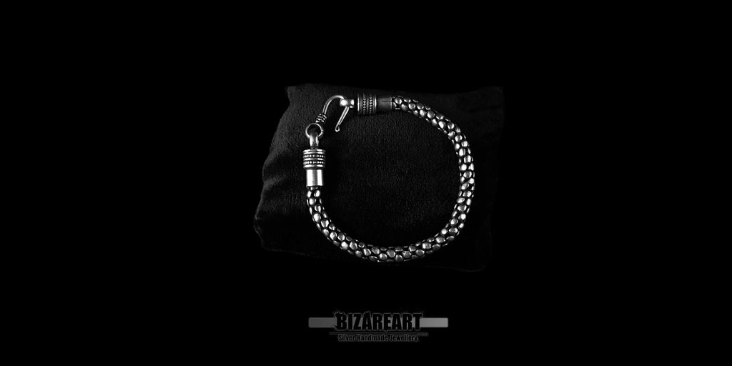 Oxidized sterling silver mesh chain bracelet with secure hook-to-loop clasp.