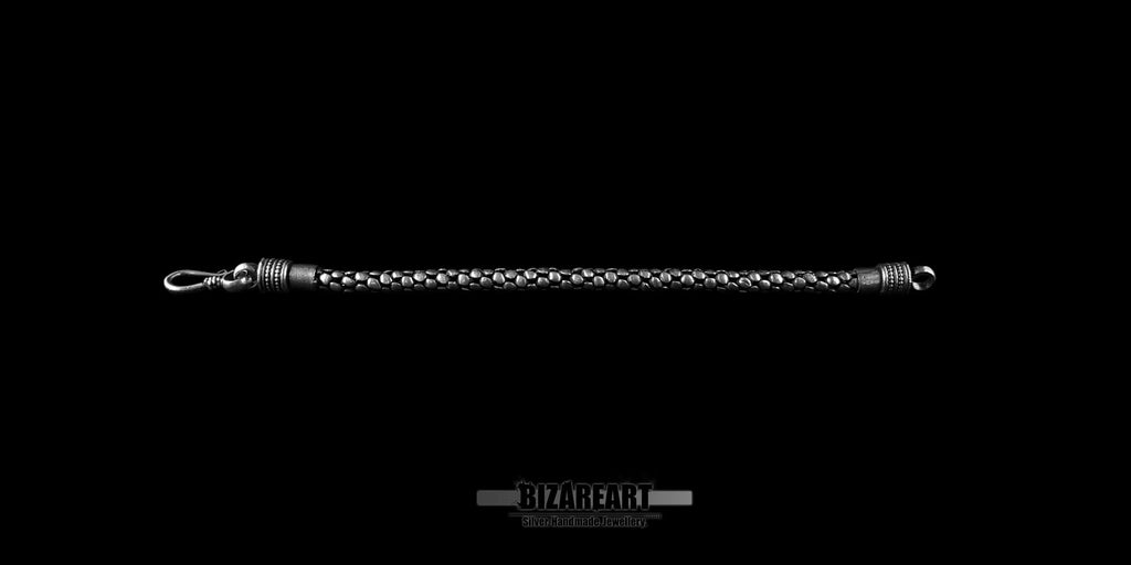 Fully extended 19cm handmade silver bracelet showing the entire length and fishhook style clasp.