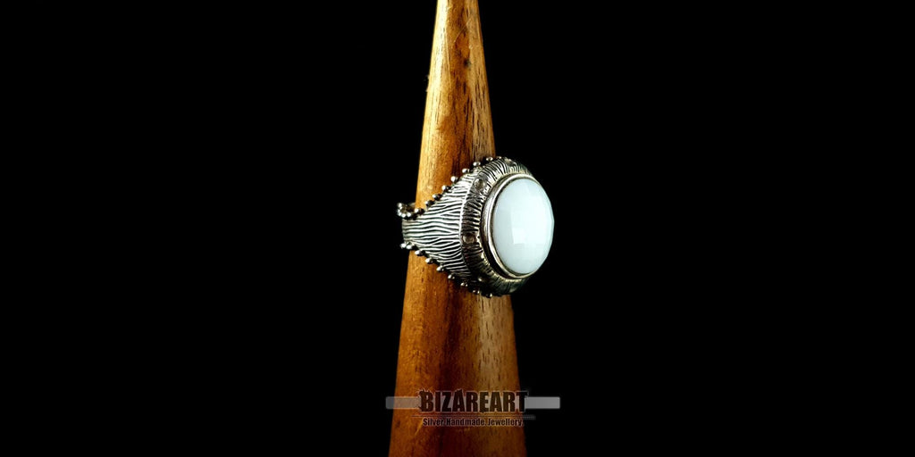 Sterling Silver White Agate Dome Ring, Vintage Gothic Statement