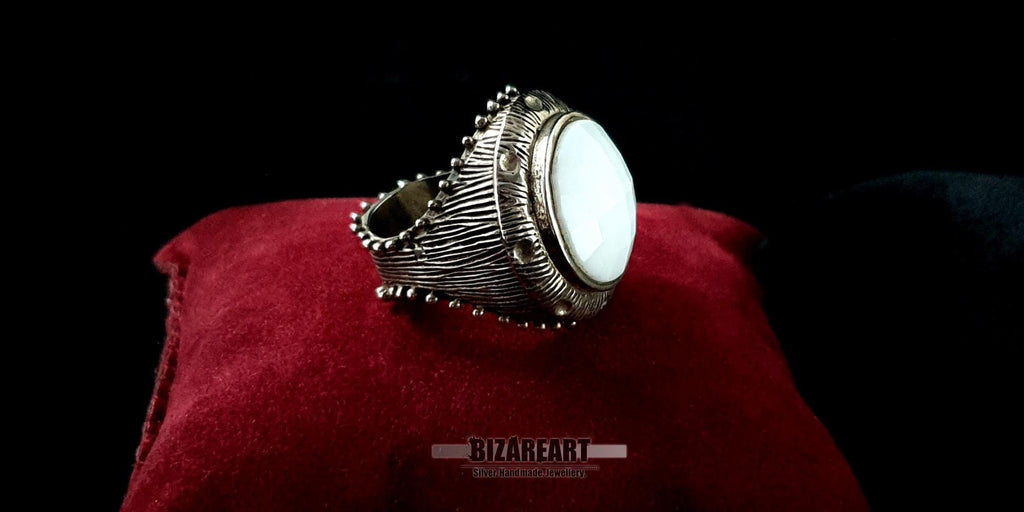 Sterling Silver White Agate Dome Ring, Vintage Gothic Statement