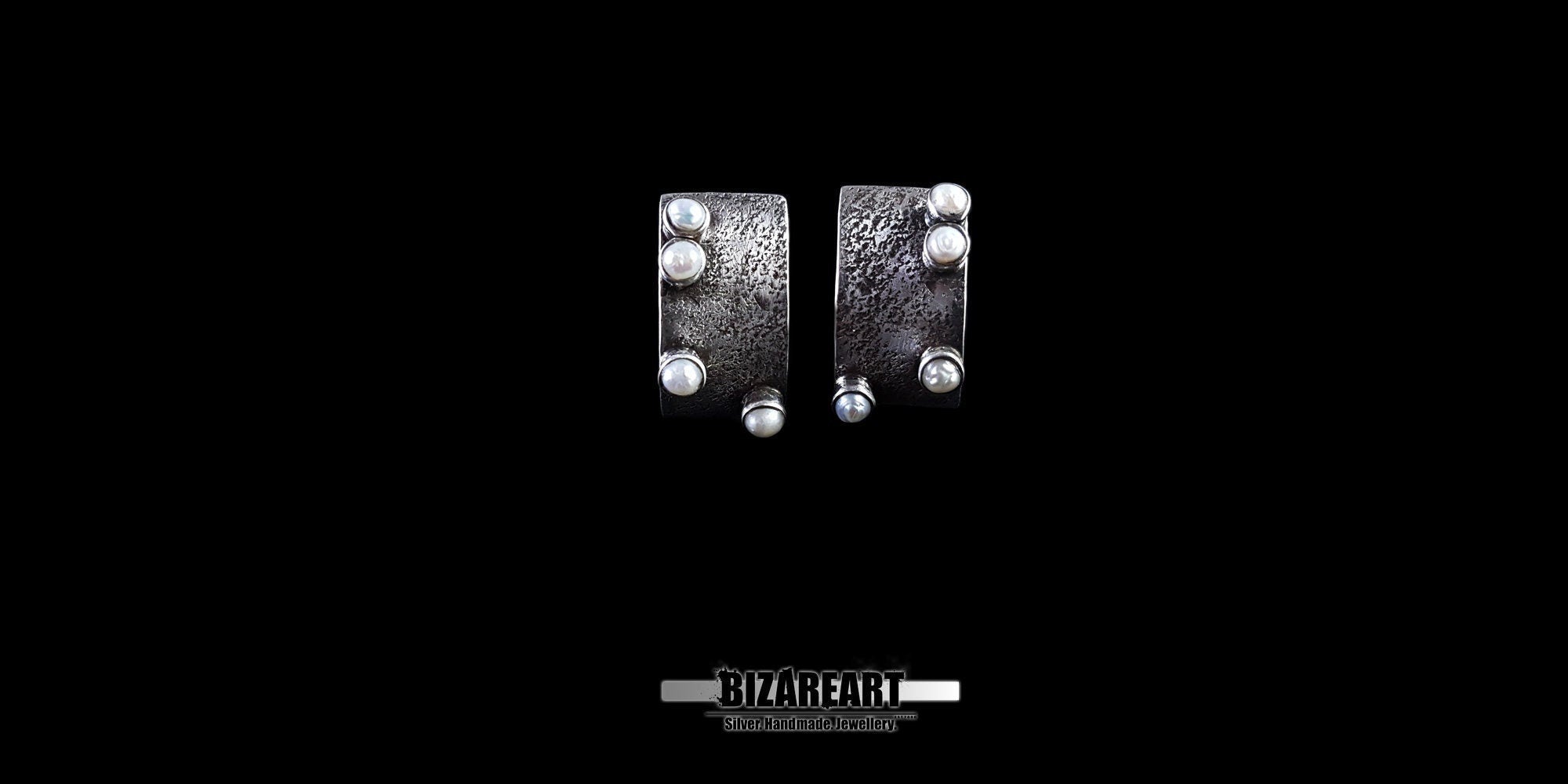 Front view of Silver Rectangle White Pearl Earrings featuring a hand-hammered 925 silver texture and oxidized finish.