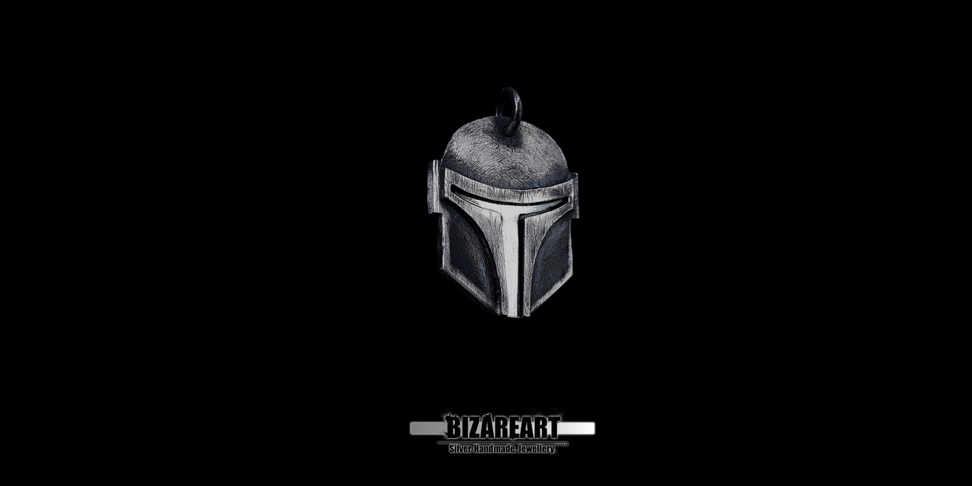 Handcrafted 925 sterling silver Boba Fett helmet pendant with a dark oxidized finish, displayed on a solid black background.