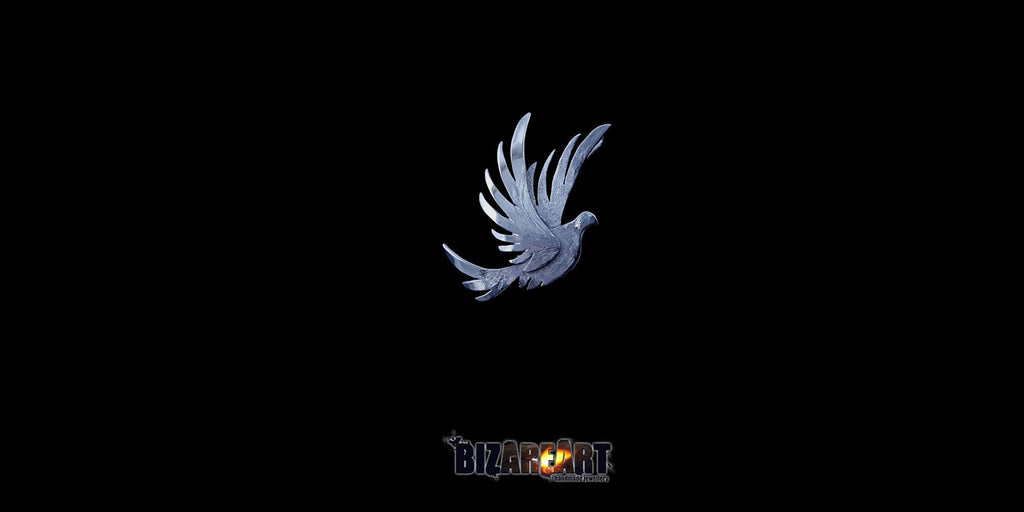 A side-angle view of the Bird pendant against a black background, highlighting the depth of the silver layers and the carved edge lines.