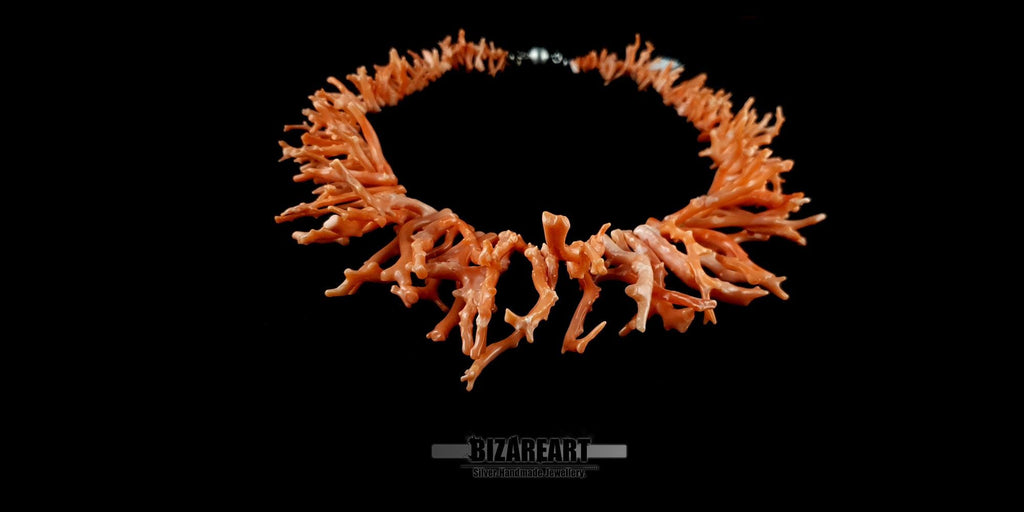 Collier Corail Orange, Branche Naturelle Méditerranéenne, Fermoir Argent 925
