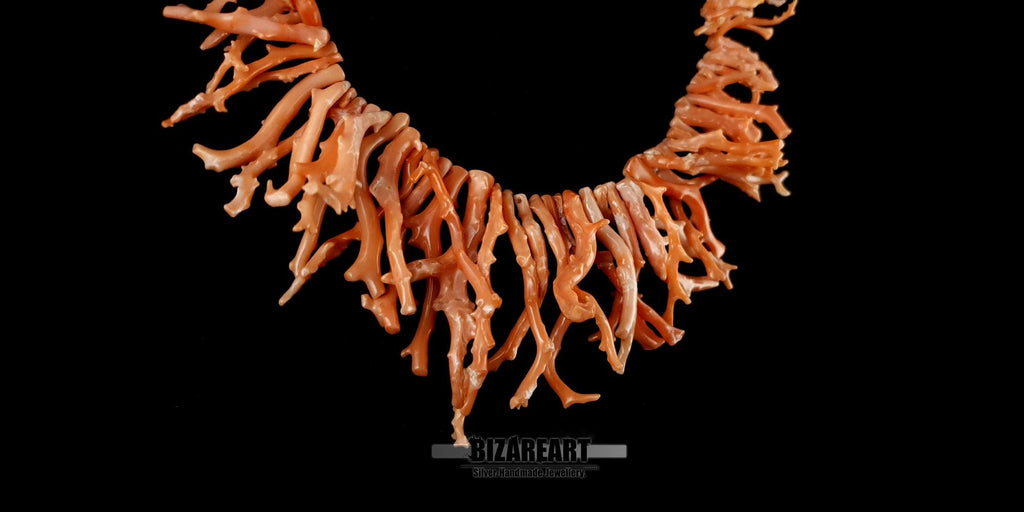 Collier Corail Orange, Branche Naturelle Méditerranéenne, Fermoir Argent 925
