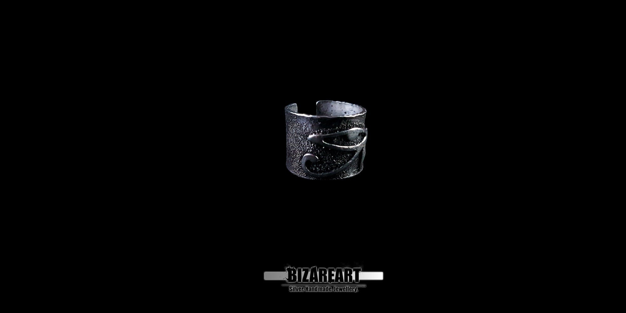 Oxidized sterling silver Eye of Ra ring with Egyptian sun god symbol