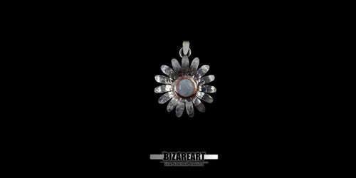 Front view of a handmade textured sterling silver daisy pendant with a luminous round moonstone center and copper bezel, set against a solid black background.