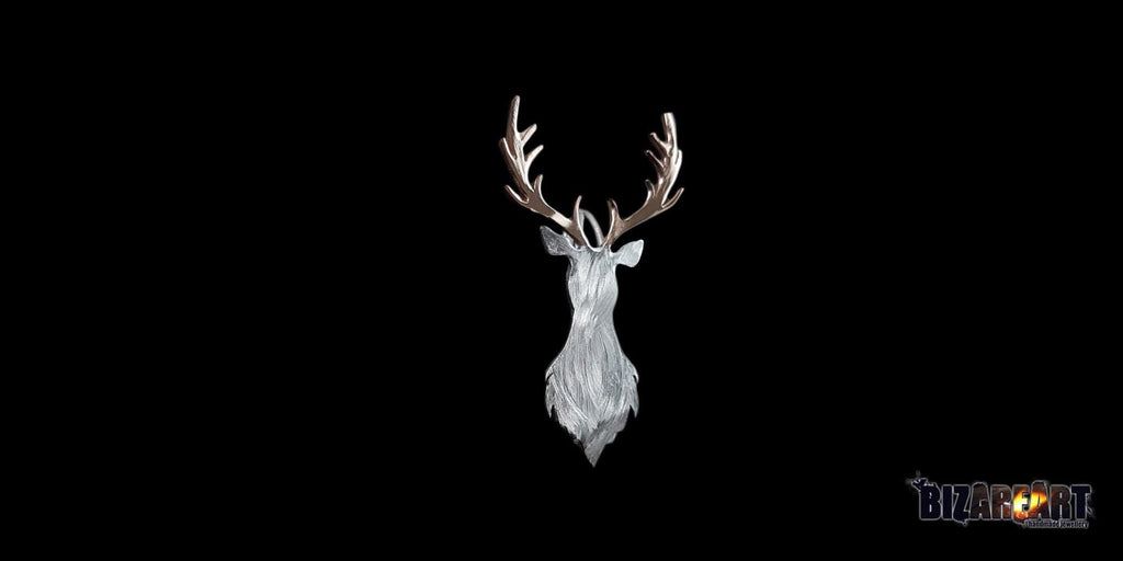 A side view of the pendant showcasing the symmetrical design and the contrast between the metallic rose gold antlers and the matte silver finish.