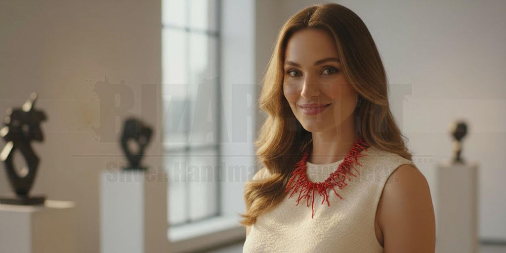 A woman in a neutral, sleeveless top wearing the bold red coral necklace in a gallery setting. The necklace serves as a vibrant focal point against the minimalist background.