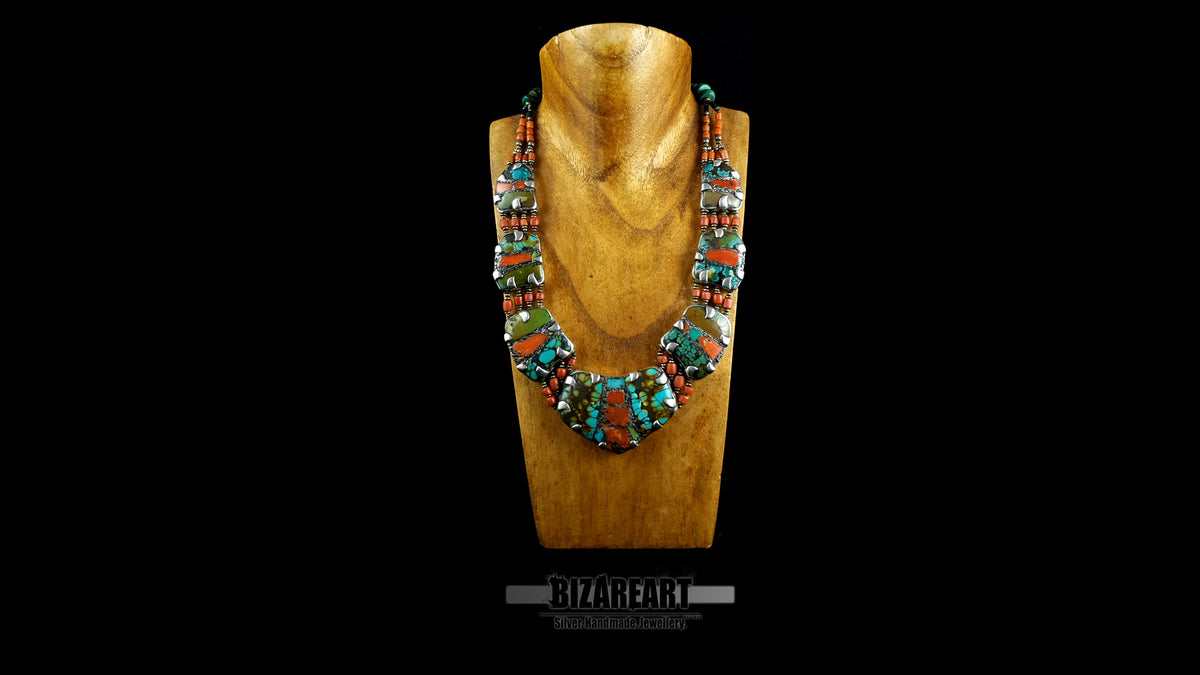 Handcrafted sterling silver statement collar with natural turquoise and coral mosaic