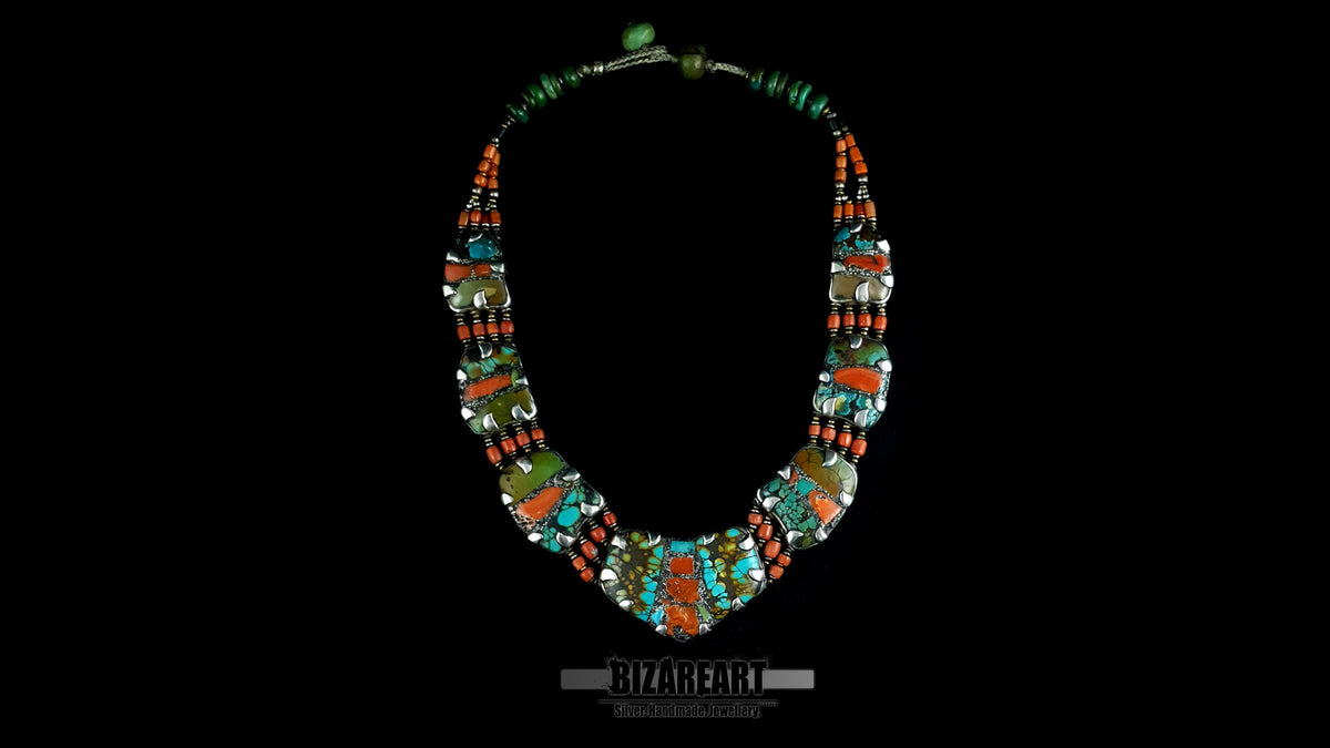 Full view of handcrafted silver collar necklace with green malachite bead accent