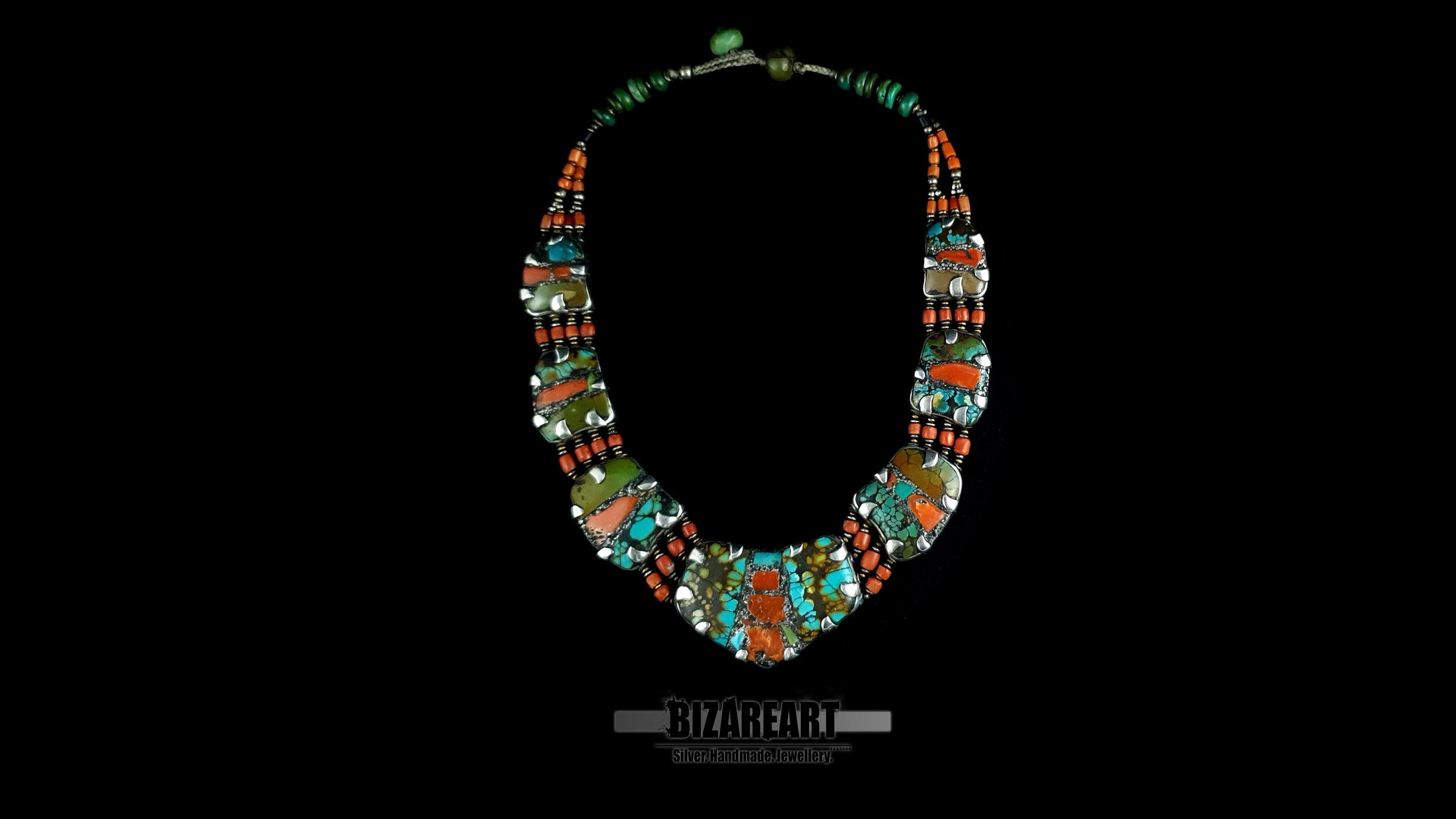 360 degree video view of artisan turquoise coral sterling silver collar necklace
