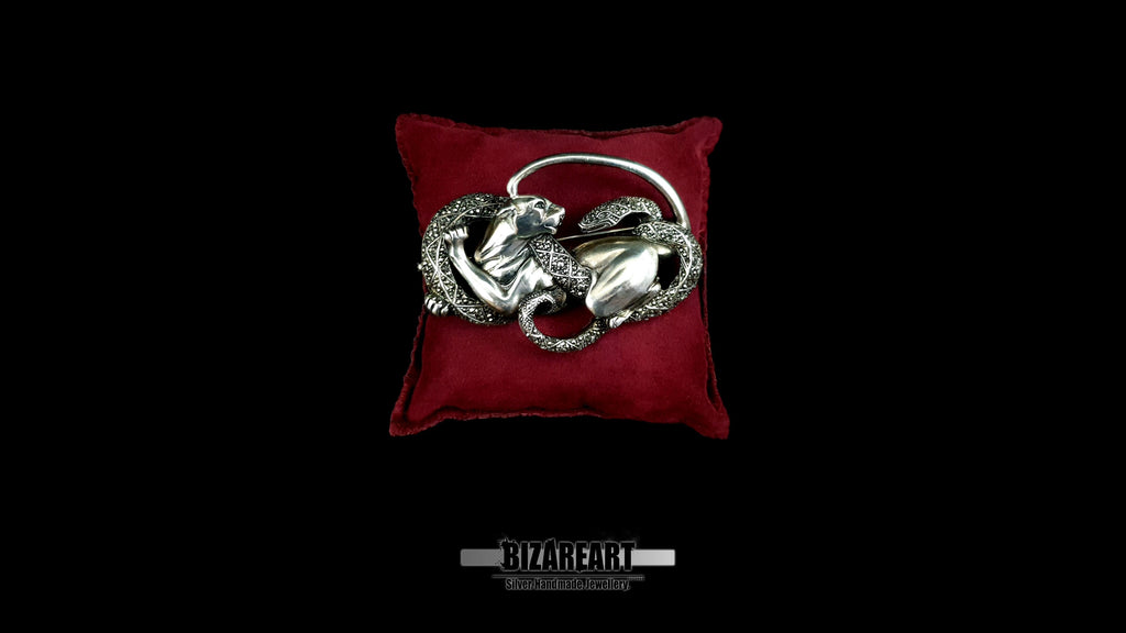 Sculptural Sterling Silver Panther & Serpent Brooch | Artisan Cast OOAK Statement Pin