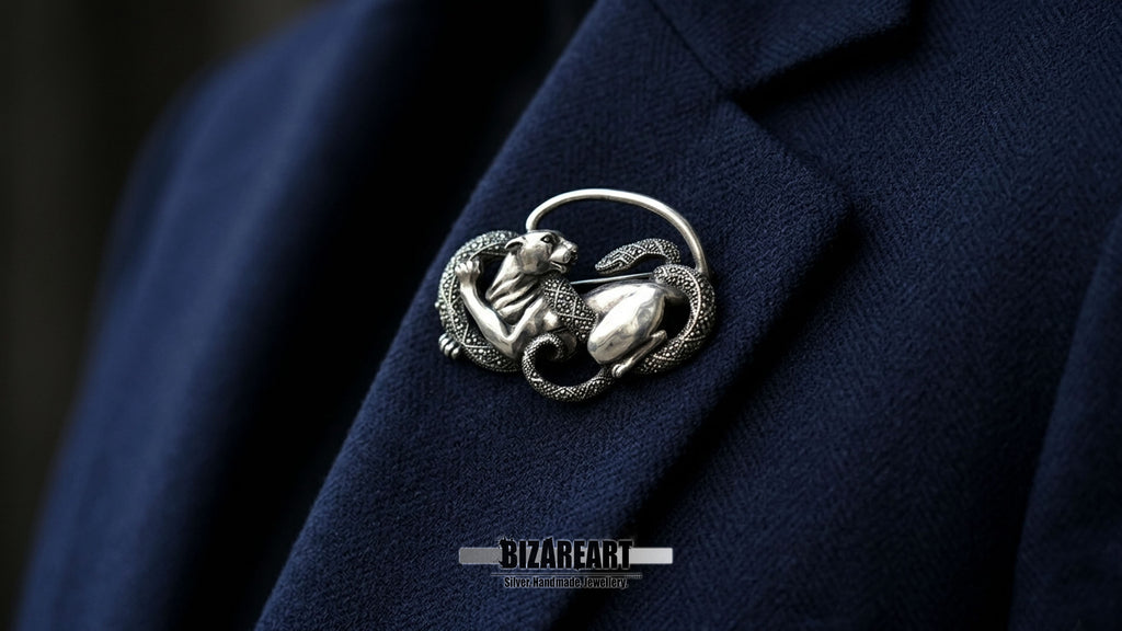 Sculptural Sterling Silver Panther & Serpent Brooch | Artisan Cast OOAK Statement Pin